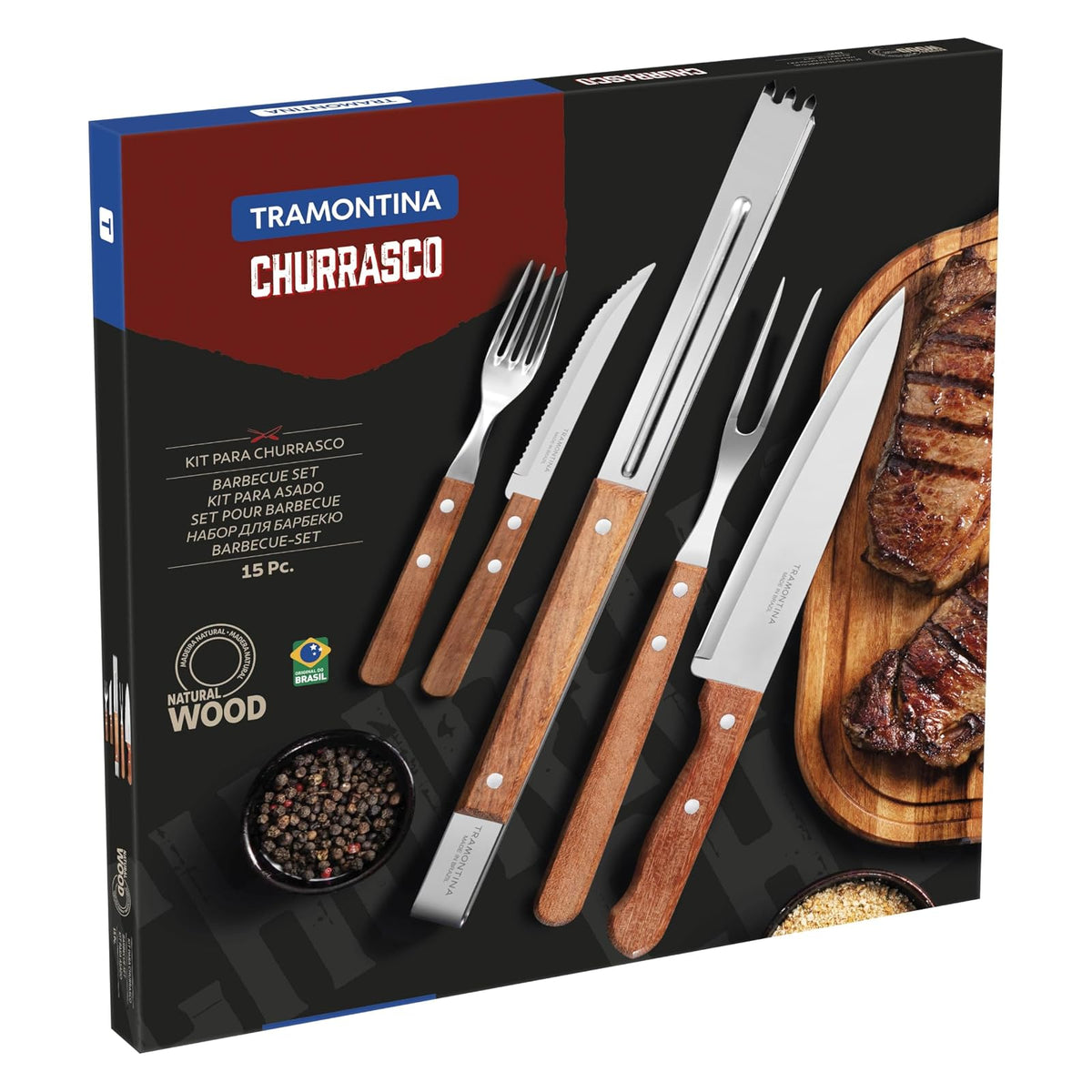 Tramontina Kit Churrasco Asado 15 Piezas Acero Inoxidable Mango Madera