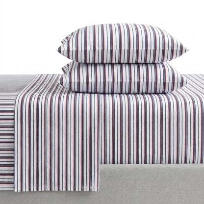 Nautica - Juego de sábanas de algodón percal para Cama Individual o Individual XL, con Funda de Almohada a Juego, crujiente y Fresco, Totalmente elástico, Esenciales para recámara (Avery Stripe Navy)