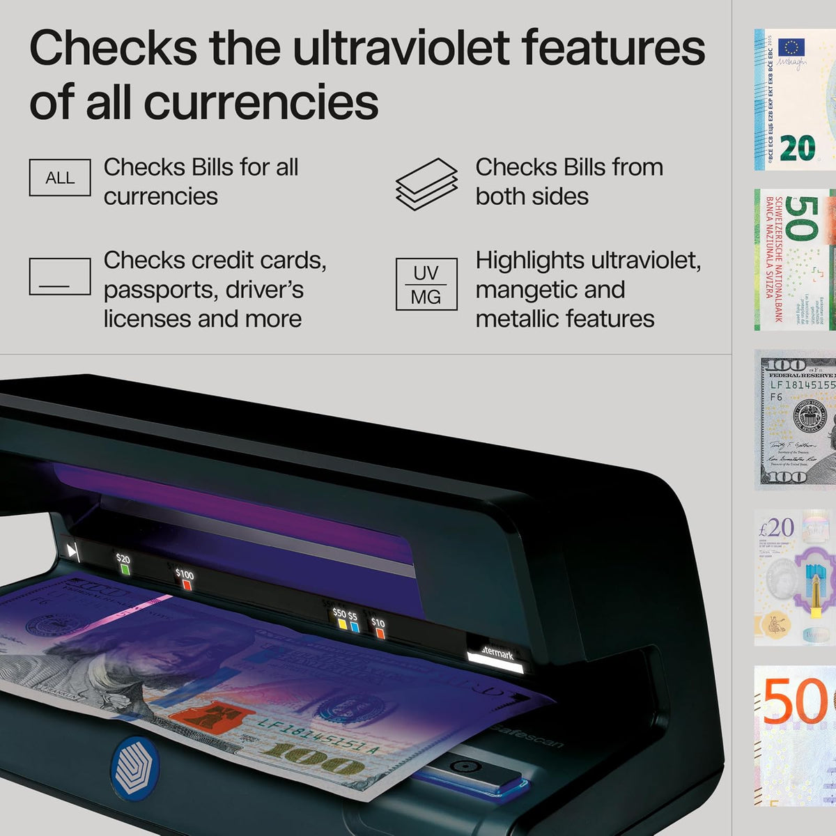 Safescan Detector de billetes falsificados UV, huella pequeña, ligero, ideal para facturas, identificaciones, tarjetas de crédito, se adapta a todas las monedas, potente luz UV de 9 W, luz blanca, certificado CE, garantía de 3 años