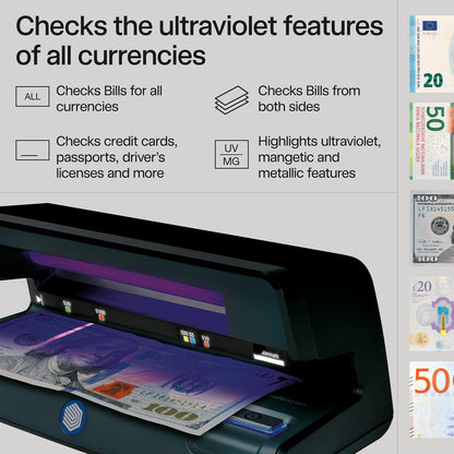 Safescan Detector de billetes falsificados UV, huella pequeña, ligero, ideal para facturas, identificaciones, tarjetas de crédito, se adapta a todas las monedas, potente luz UV de 9 W, luz blanca, certificado CE, garantía de 3 años