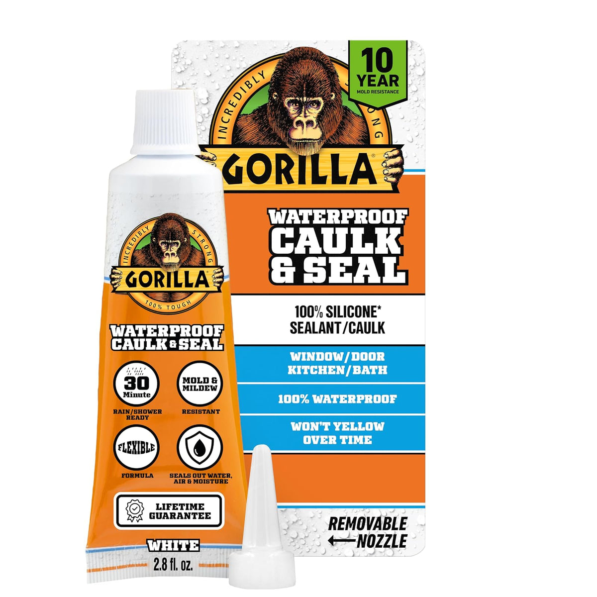 Gorilla - Calafateo 100% silicona, sellador impermeable, tubo de compresión de 2.8 onzas (paquete de 1) – blanco, resistente al moho, cocina, ventana, baño, marina, puerta y más
