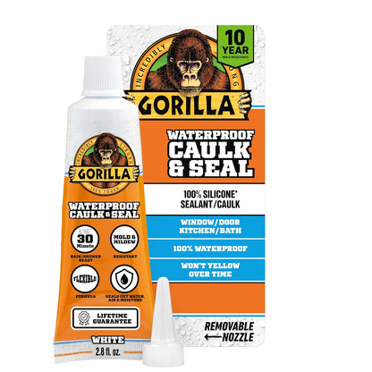Gorilla - Calafateo 100% silicona, sellador impermeable, tubo de compresión de 2.8 onzas (paquete de 1) – blanco, resistente al moho, cocina, ventana, baño, marina, puerta y más