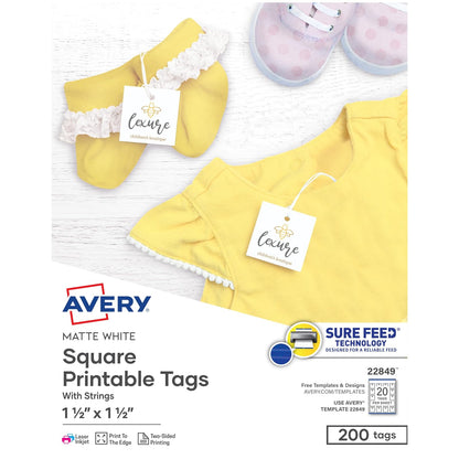 Avery - Etiquetas imprimibles cuadradas, tecnología Sure Feed, 1.5 x 1.5 pulgadas, blancas, incluye cuerda, imprimible con láser/inyección de tinta, 200 en total, ideal para marca, regalos