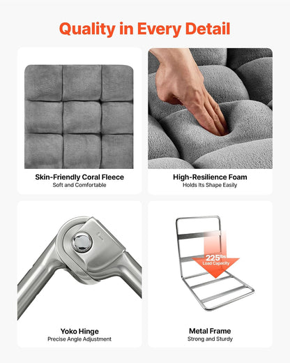 VEVOR Sillón de Suelo Relax, Sillón Reclinable con Respaldo Ajustable en 14 Posiciones, Acolchado de Espuma, Marco Metálico y Tapizado de Forro Polar Coral, para Lectura Descanso Juego, Color Gris
