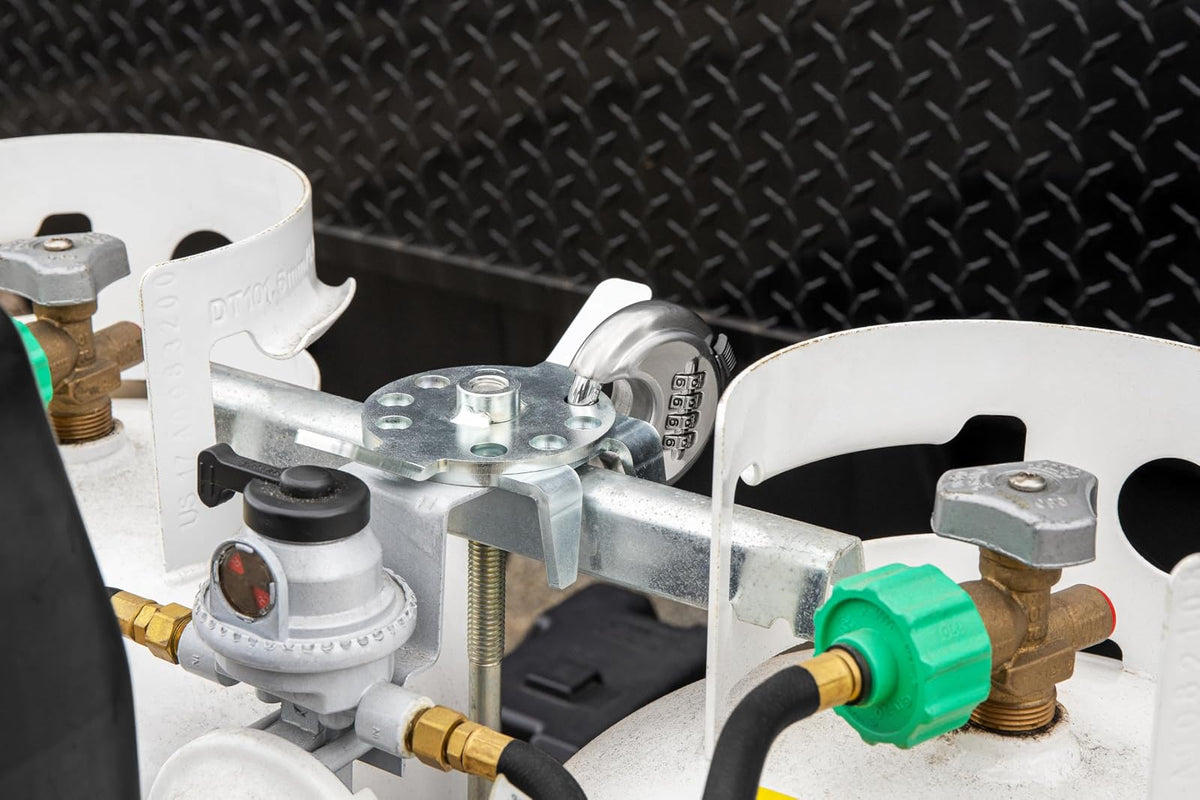 Camco Double Propane Tank Locking Device | Safely Secures (2) Propane Tanks to Your RV for Theft Prevention | Works with Conventional and Airstream Setups (40590)