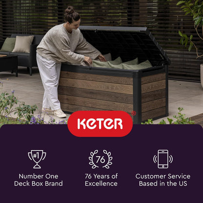 Keter Kentwood - Caja de resina de 50 galones para organizar y almacenar cojines de patio, almohadas y herramientas de jardín, color café