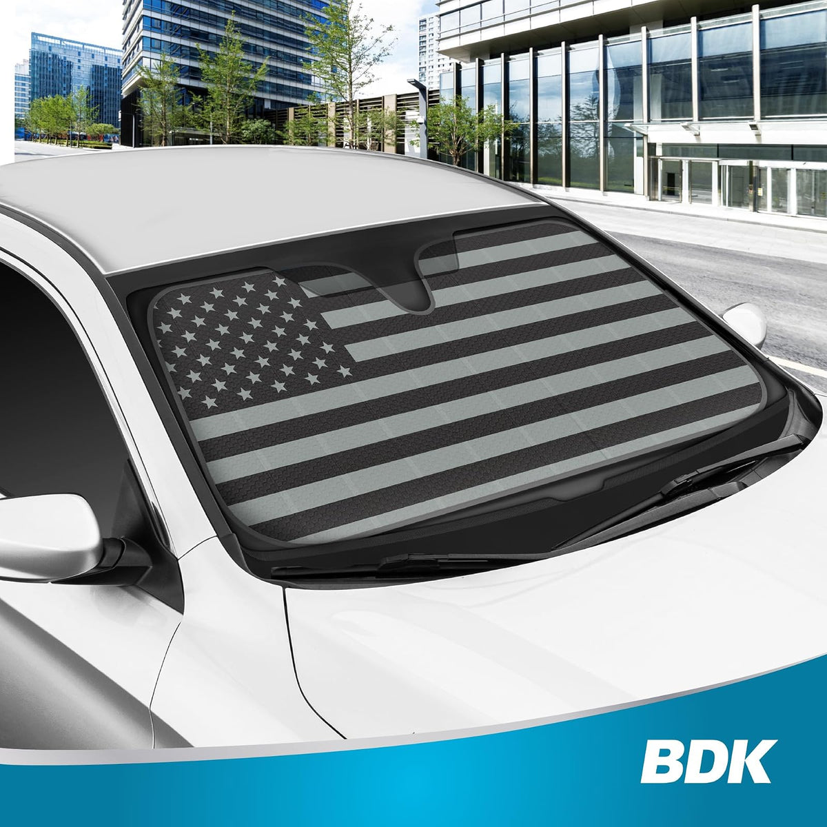BDK Parasol para parabrisas de la bandera estadounidense para automóvil, camión y SUV, parasol plegable para ventana delantera, protección contra el calor, protector solar del automóvil bloquea los rayos UV y mantiene el vehículo fresco (58 x 27 pulgadas)