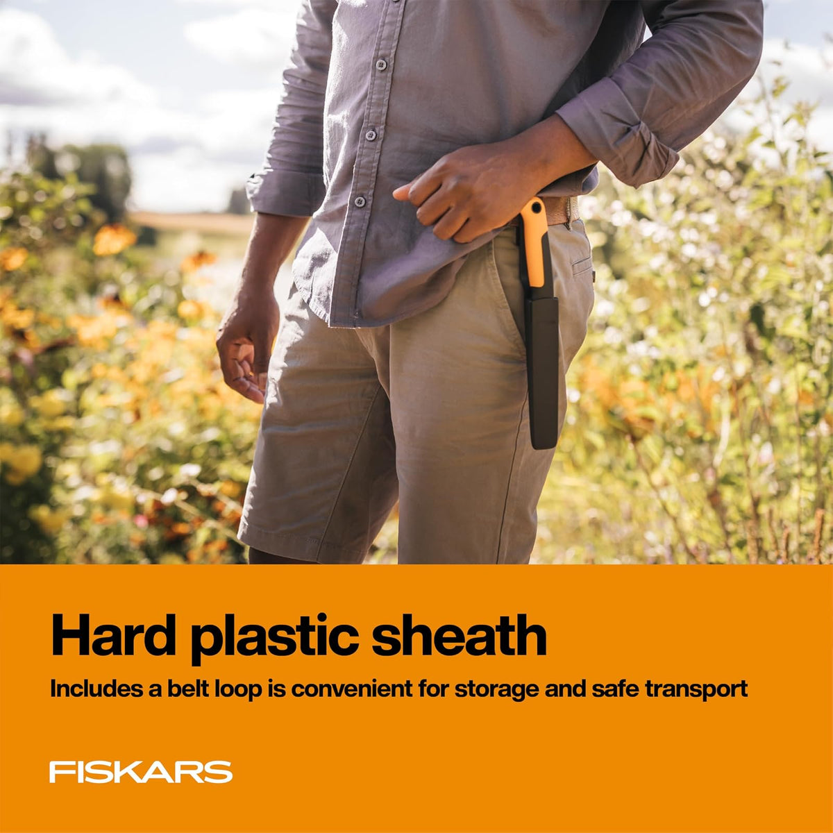 Fiskars - Cuchillo de cosecha con borde dentado, herramienta de mano de jardinería con hoja de punta plana y vaina, perfecto para tallos gruesos y tallos