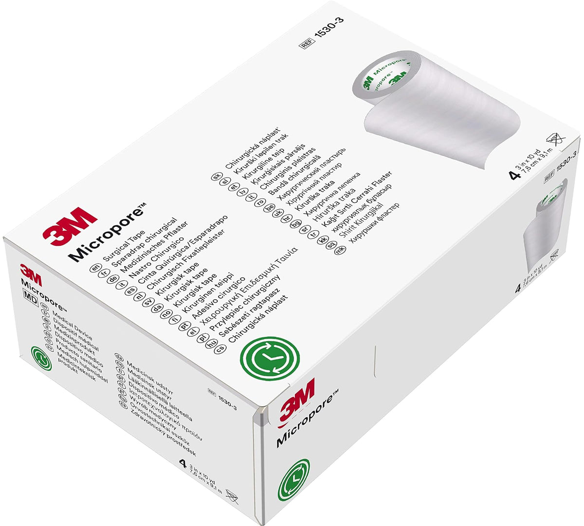 3M - Cinta quirúrgica de papel microporoso, rollo estándar, 3 x 10 yardas, hipoalergénica, caja de 4, modelo 1530-3