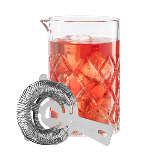 OGGI - Juego de mezcla de vidrio y colador, elegante juego de mezcla de bar con vaso de vidrio de 16 onzas, kit esencial de bartender mixología, kit antiguo, incluye colador de acero inoxidable