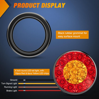 Nilight TL-183 Luz Trasera Redonda de 4 Pulgadas, 2 Unidades, 16 LED Rojo/Ámbar, IP67 para Camión/Remolque