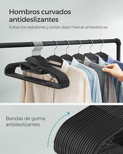 SONGMICS 50 Perchas de Plástico, Antideslizantes, Ahorro de Espacio, 41,5 cm de Largo, Gancho Giratorio 360º, Negro MCRP41BK-50