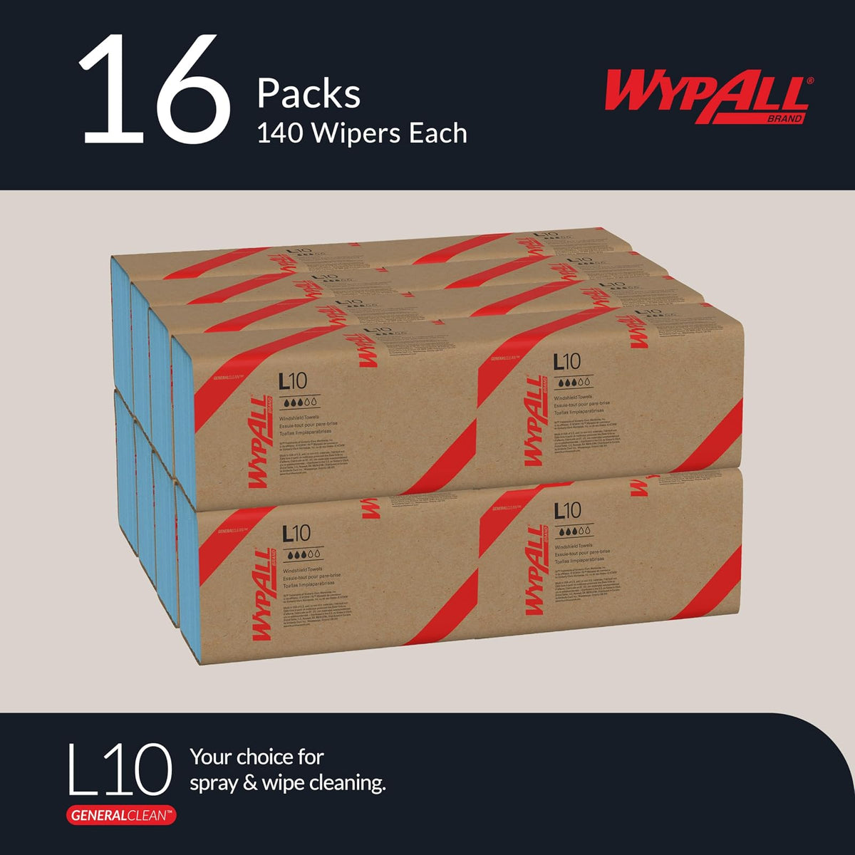 WypAll 05120 L10 limpiaparabrisas, banda, 2 capas, 9 3/10 W X 10 1/2L, Paquete de 140 (funda de 16 paquetes)