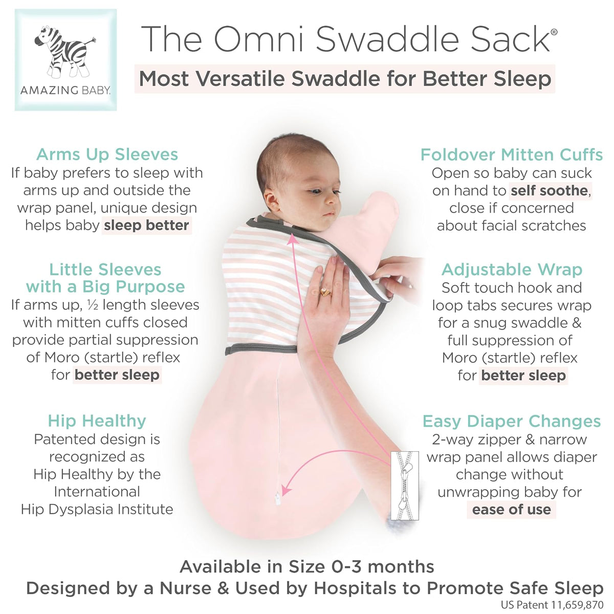 Amazing Baby Omni - Saco envolvente de 6 vías con mangas envolventes y puños de manopla, fácil transición de envoltura, mejor sueño para niñas recién nacidas, rayas rosas, S de 0 a 3 meses