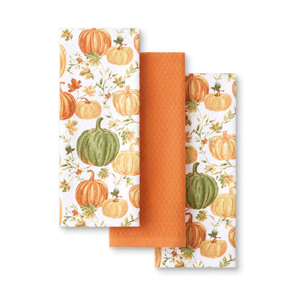 Martha STWEART - Juego de 3 Toallas de Cocina de otoño, 100% algodón con Rizo Absorbente, Toallas de Cocina Decorativas, Naranja/Verde/Marfil, 16 x 28 Pulgadas