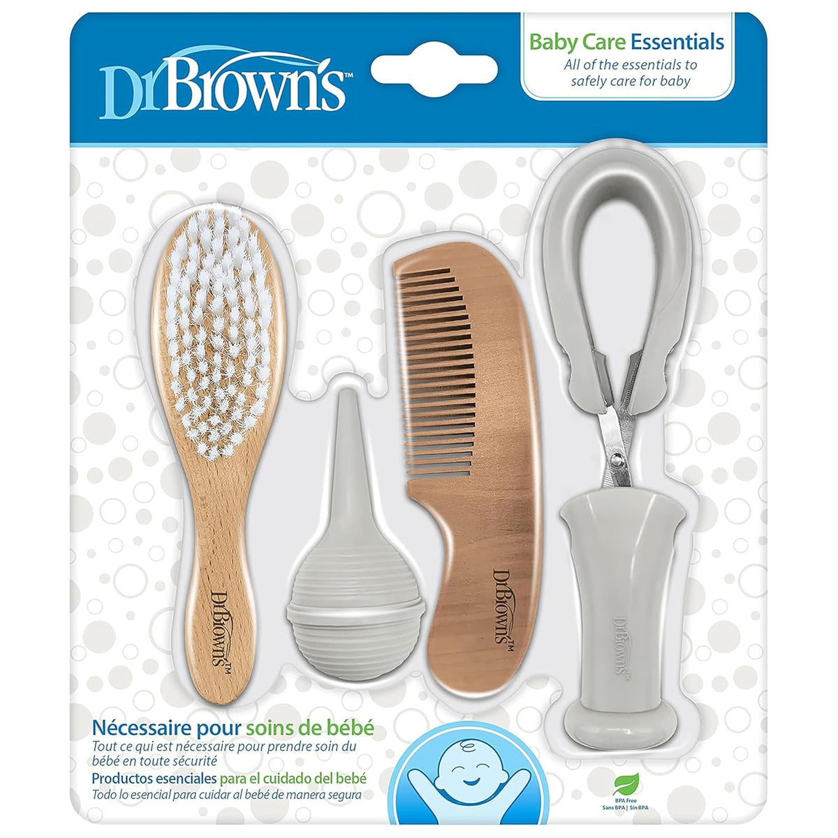 Dr. Brown's Baby Care Essentials - Kit de tijeras de uñas con funda, aspirador nasal, cepillo para polvo de tapa de cuna y peine, sin BPA