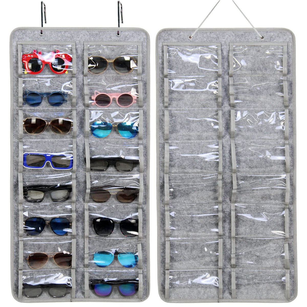 Casaphoria Organizador de anteojos de sol para colgar, a prueba de polvo, bolsillo de pared, organizador de anteojos de sol, 16 ranuras de fieltro, soporte organizador con gancho de metal y cuerda
