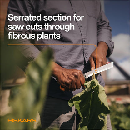 Fiskars - Cuchillo de cosecha con borde dentado, herramienta de mano de jardinería con hoja de punta plana y vaina, perfecto para tallos gruesos y tallos