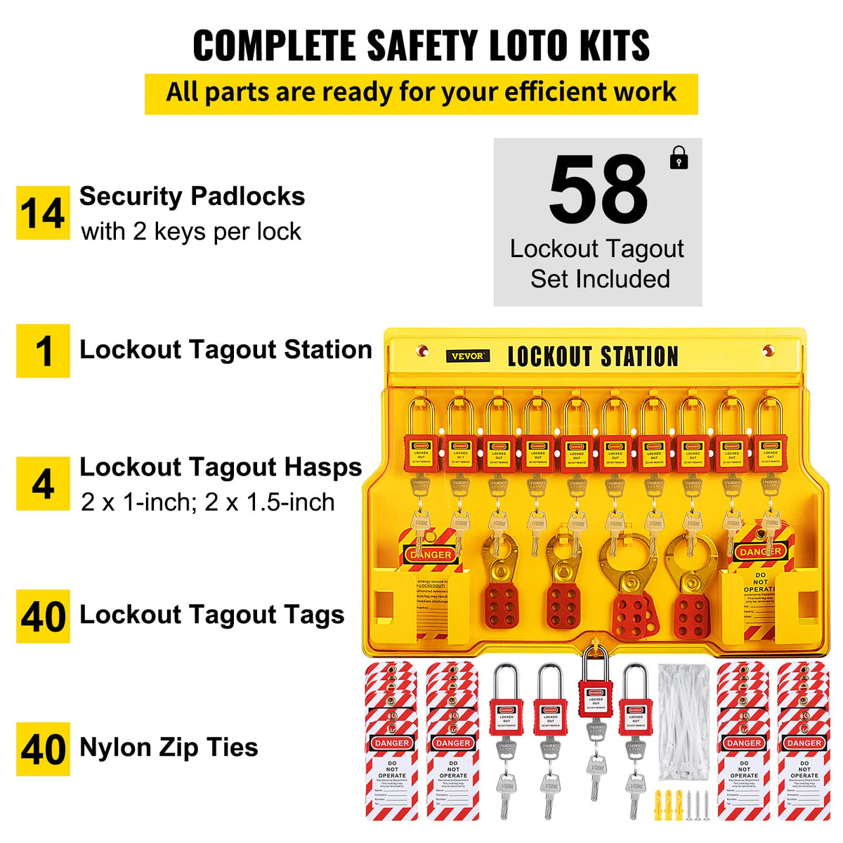 VEVOR Kit de Candado de Seguridad 58 PCS Kit de Bloqueo y Etiquetado 14 Candados Cerraduras de bloqueo y etiquetado 39,37x55,88 cm con Cerrojos de 6 Orificios para Maquinaria, Equipos Eléctricos