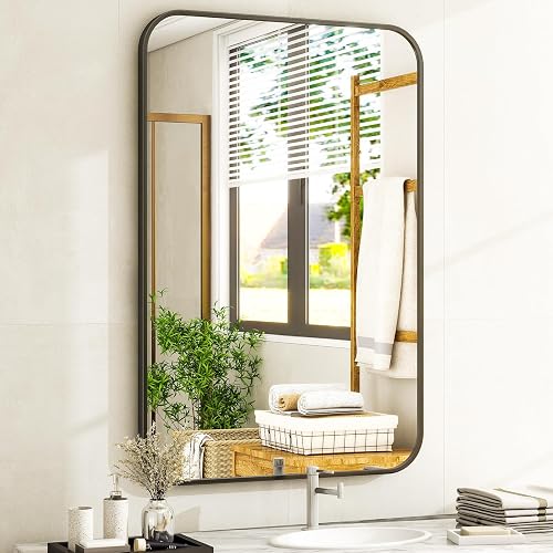Easly - Espejo de baño de 20 x 28 pulgadas, espejo rectangular redondeado para pared, espejo moderno para decoración de habitaciones, espejos de pared con marco negro para decoración del hogar, cuelga