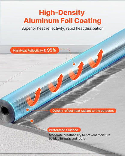 VEVOR Rollo de Aislamiento Reflectante Doble, Perforado y Transpirable, 38,1 x 1,22 m x 0,15 mm, Lámina de Aluminio de Doble Cara, Reflectividad ≥ 95%, para Ventanas y Techos de Autocaravanas