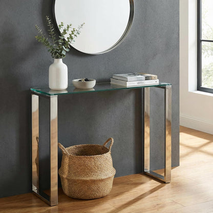 Cortesi Home Forli - Mesa de Consola pequeña de Entrada de Vidrio contemporáneo y Acabado de Acero Inoxidable de 28 Pulgadas de Ancho, Color Plateado y Transparente