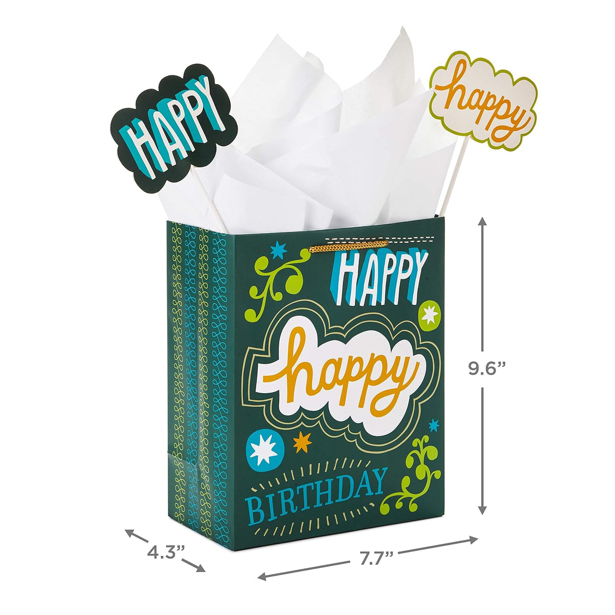 Hallmark - Bolsa de regalo de cumpleaños mediana de 9 pulgadas con papel de seda y mini carteles (Feliz cumpleaños, verde, gris, azul letras a mano)
