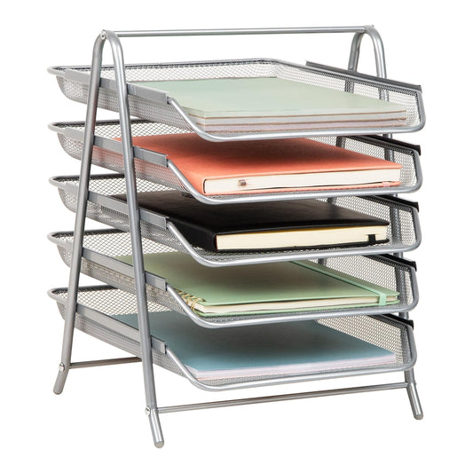 Betesh Mind Reader 5-Tier Paper Tray, Desktop Organizer, File Storage, Office, Metal Mesh, 11.75" L x 14" W x 14.5" H, Silver
