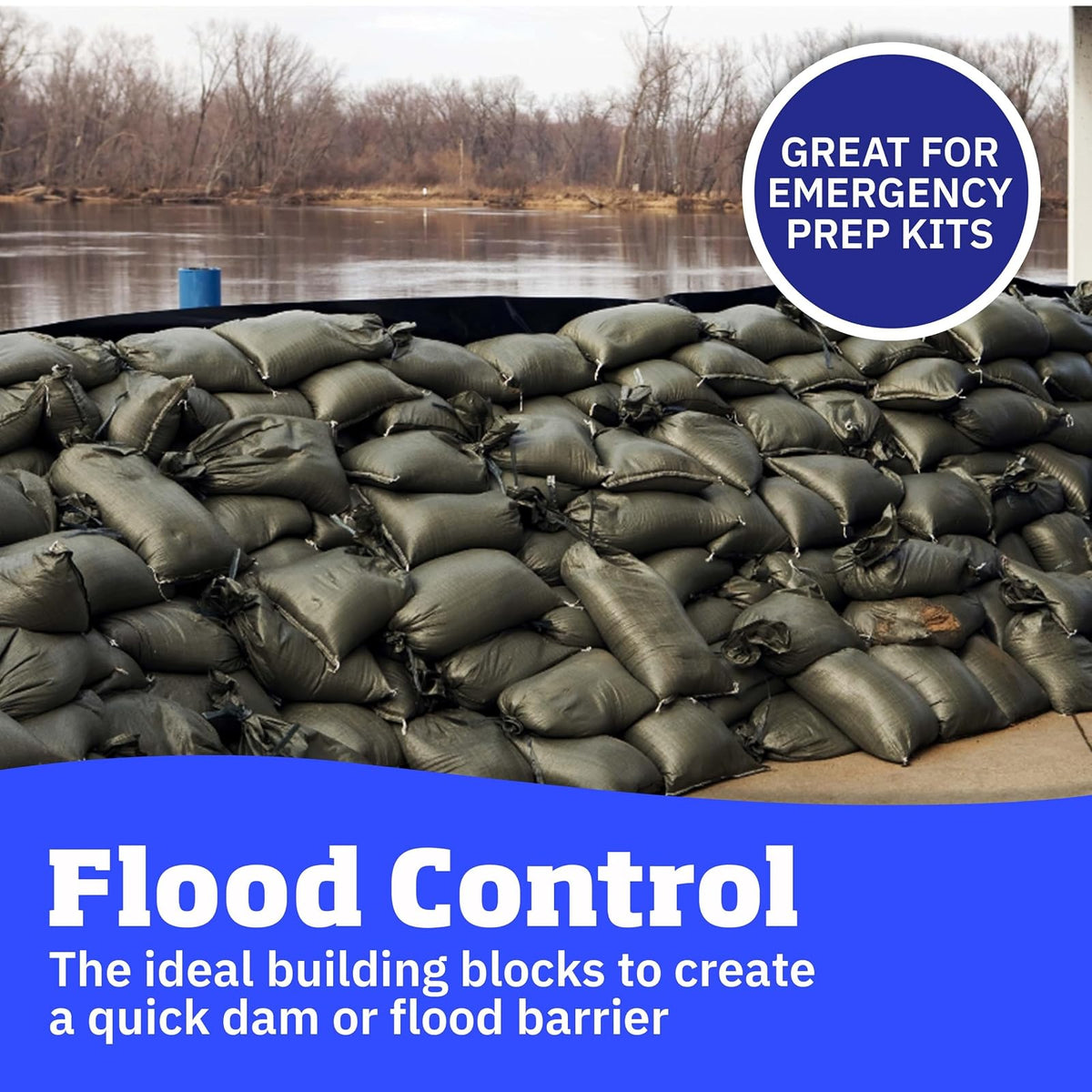 DURASACK Bolsas de arena resistentes con cuerdas de corbata, bolsas de arena de polipropileno tejidas vacías para control de inundaciones con 1600 horas de protección UV, capacidad de 50 libras, 14 x