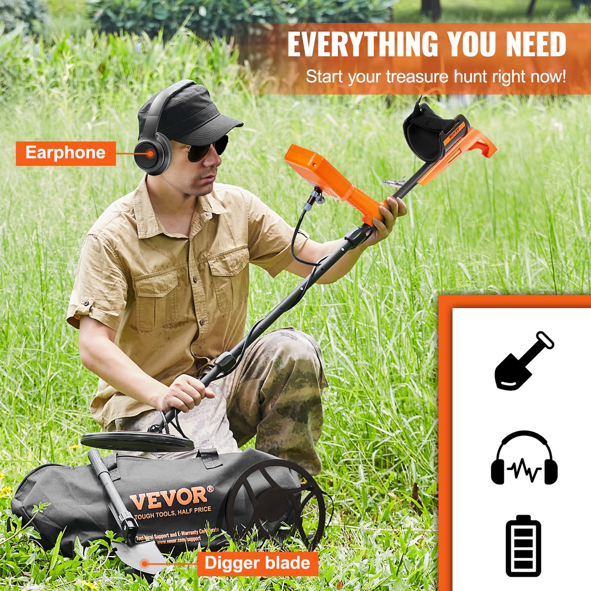VEVOR Detector de Metales Impermeable, Bobina de 12 Pulgadas, Detector Profesional Recargable Dorado, 39-50 Pulgadas, Ajustable con LCD de 7 Modos avanzados DSP Chip Bluetooth, IP68 para detectar la