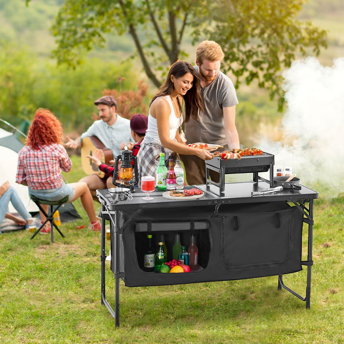 VEVOR Mesa de Cocina Plegable Portátil para Acampar, 3 Alturas Ajustables, de Aluminio, con Organizador de Almacenamiento, Asa de Transporte, para Barbacoa, Fiesta, Pícnic, Viajes en RV, Negro