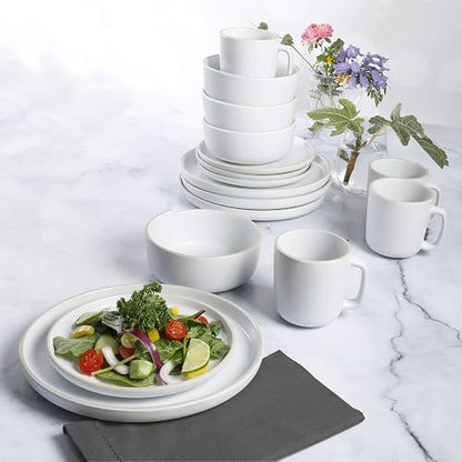 Gibson Home Zuma - Juego de vajilla redonda de cocina de 16 piezas, platos, tazones, tazas, servicio para 4, gres mate, blanco