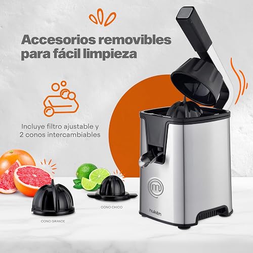 Hukën x MasterChef | Exprimidor Eléctrico de Cítricos CITRUSMAX 200W | Exprimidor de Naranjas y Limones | 2 Conos Dual-Press | Filtro Ajustable | Antiderrame | Acero Inoxidable