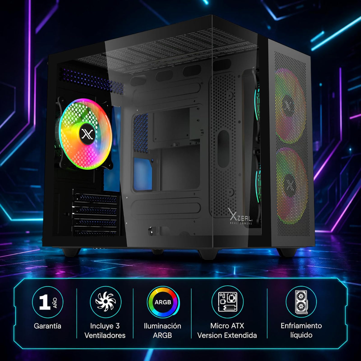XZEAL Gabinete Gamer Cubo, Ventana Cristal, 2X Vent Frontales, 1x Vent Trasero 120mm, Negro Vidrio Templado Color Claro RGB Dispositivos compatibles ‎Motherboard, CPU