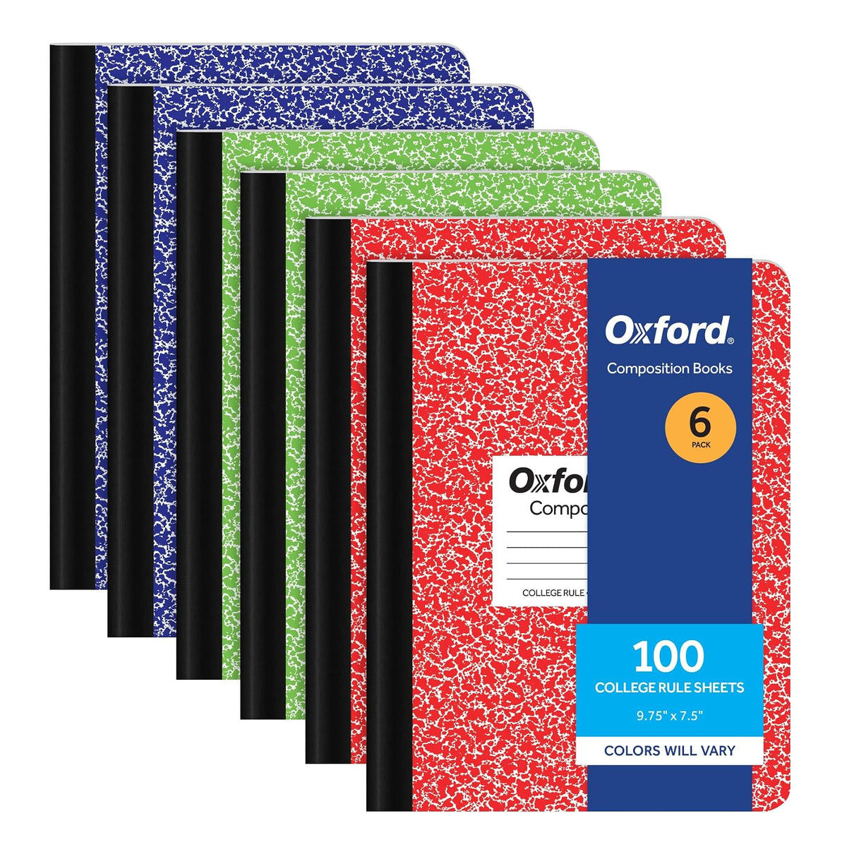 Oxford Composition - Cuaderno de 6 unidades, papel rayado universitario, 9-3/4 x 7-1/2 pulgadas, 100 hojas, cubiertas de mármol surtidas. 2 cada uno: azul, verde, rojo (63763)
