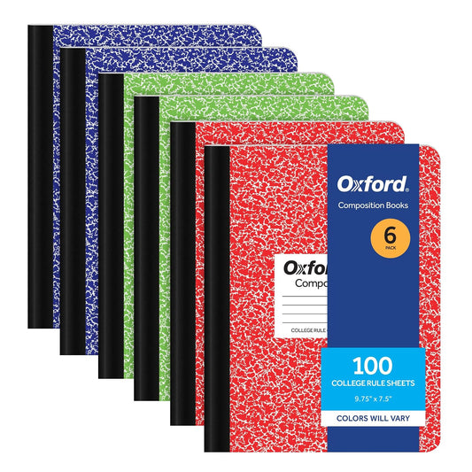 Oxford Composition - Cuaderno de 6 unidades, papel rayado universitario, 9-3/4 x 7-1/2 pulgadas, 100 hojas, cubiertas de mármol surtidas. 2 cada uno: azul, verde, rojo (63763)