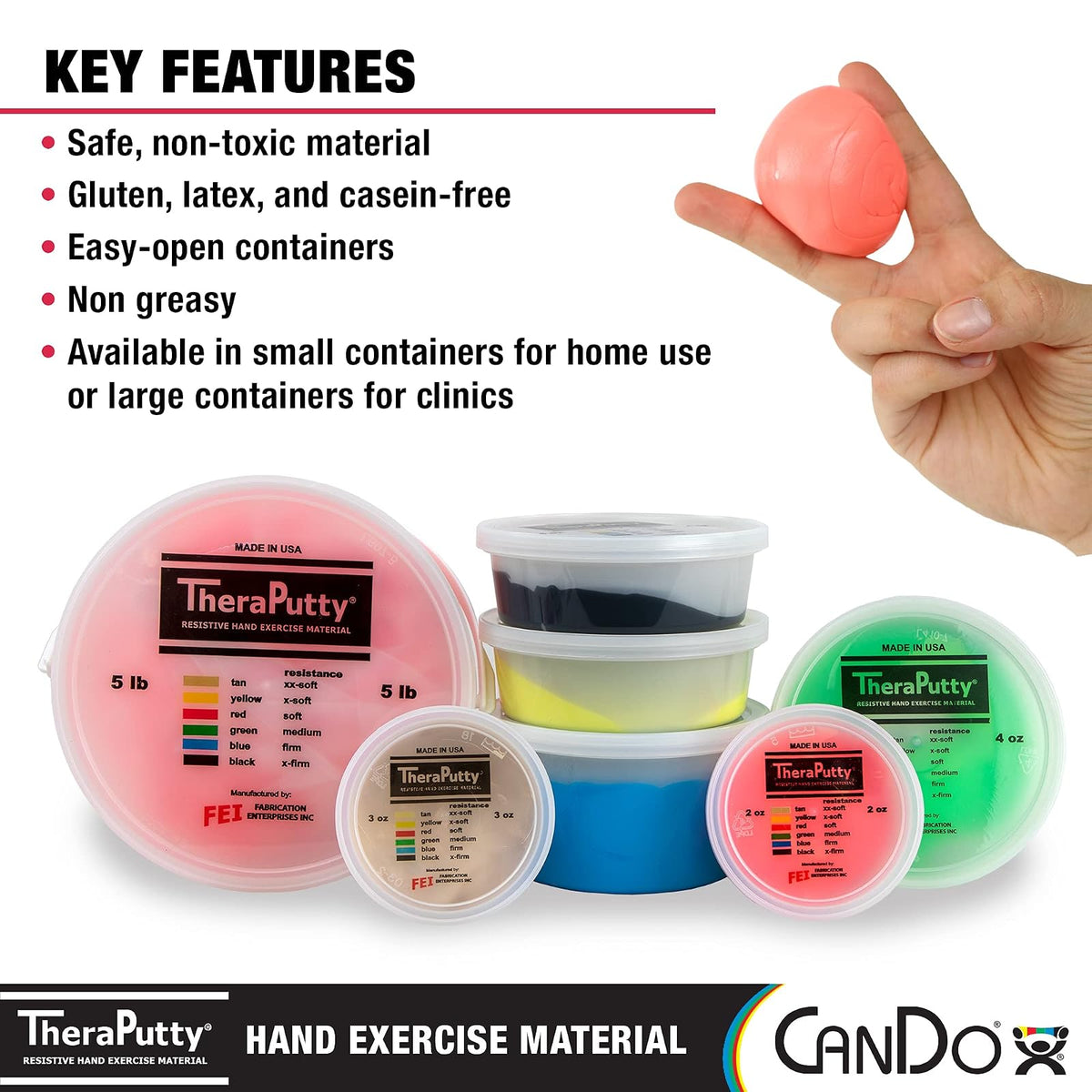 CanDo TheraPutty - Masilla de ejercicio de mano estándar para rehabilitación, ejercicios, terapia de manos, terapia ocupacional, fortalecimiento de manos, mejora las habilidades motoras, alivio del estrés