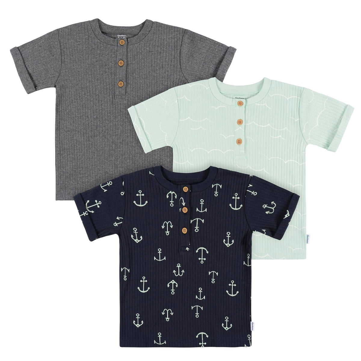 Gerber Conjunto de 3 Playeras Henley Manga Corta para Bebé - 2T - Anchor