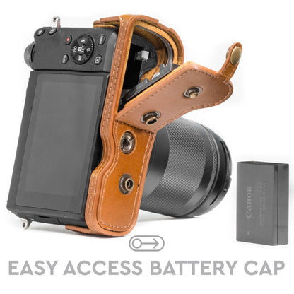 MegaGear MG1181 Estuche Ever Ready, Funda de cuero, de pronto uso, con correa compatible con Canon EOS M6 (18-150 mm) - Marrón Claro