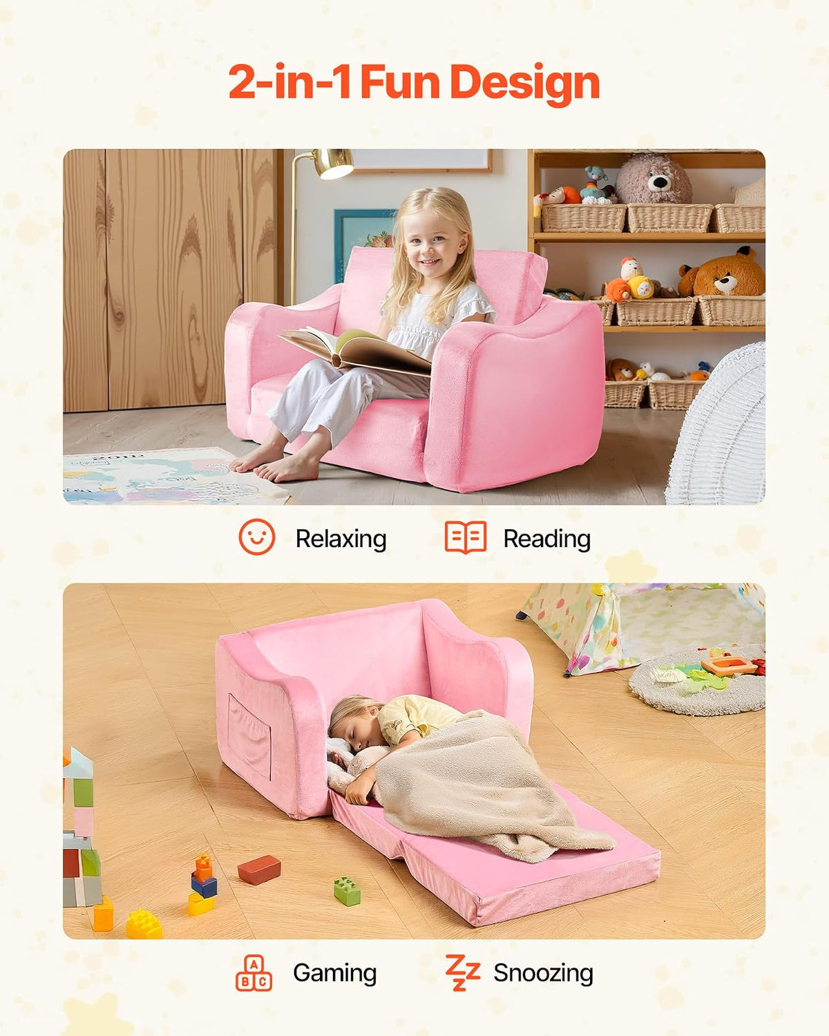 VEVOR Sofá Infantil 2 en 1, Convertible en Tumbona, Sofá Cama Plegable y Suave de Esponja 28D y Pelo Corto con Reposabrazos, Ideal para Jugar o Descansar Cómodamente para Niños, Talla M, Rosa