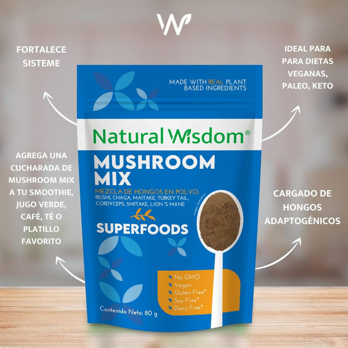 Mushroom Mix en Polvo 80g Concentración Estrés Energía | Con Hongo Melena de Leon hongo Reishi, Cordyceps, Chaga, Maitake, Shiitake y Cola de Pavo | Suplemento Natural Wisdom