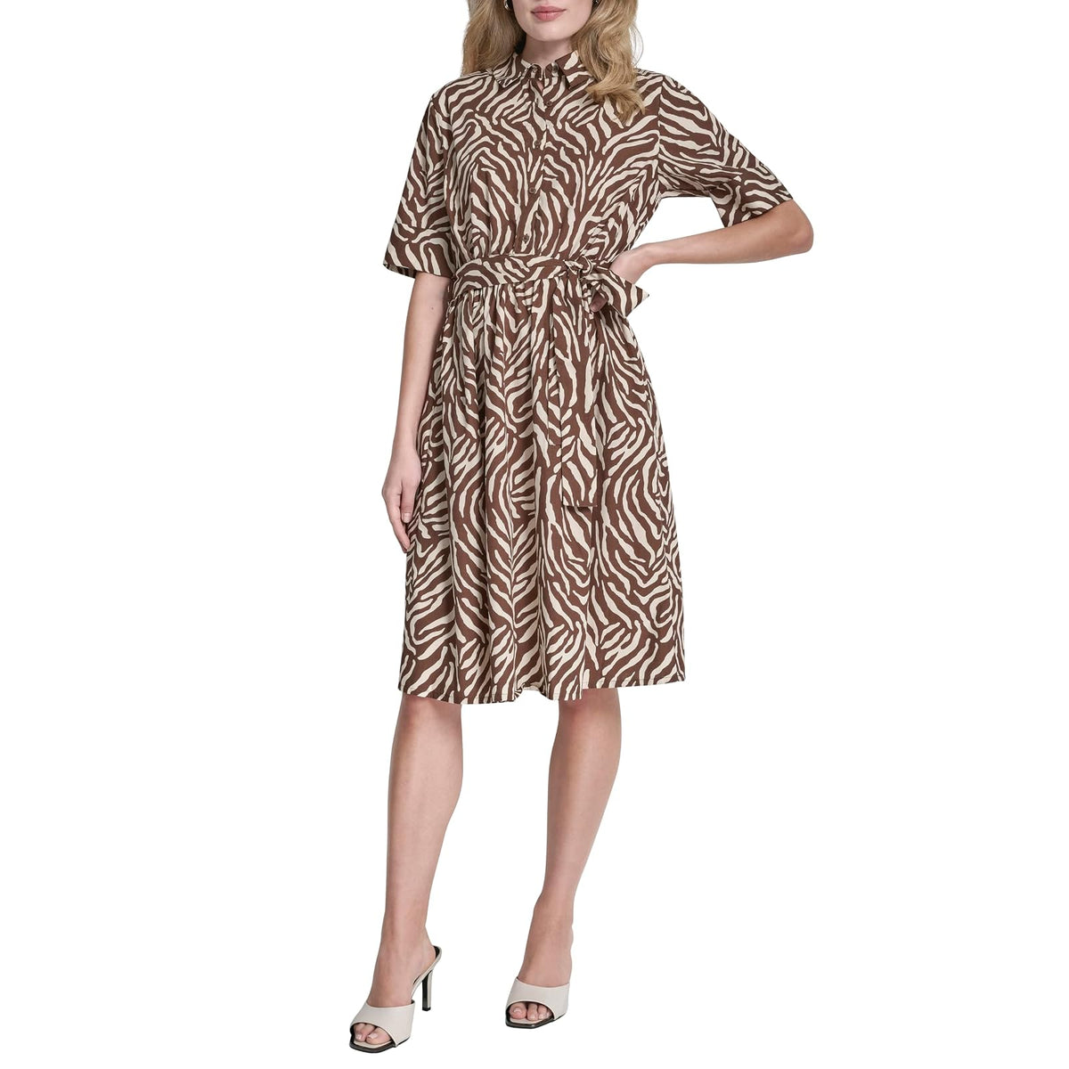 DKNY Vestido Camisero de Popelina de Algodón Manga 3/4 - 12 - Fondue - Whitecap