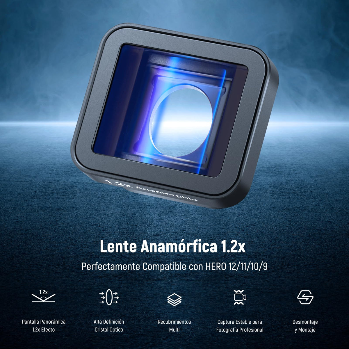 NEEWER 1.2X Lente Anamórfica Compatible con GoPro Hero 12, 11, 10 y 9 (Negro), Efecto Cinematográfico Panorámico con Destellos Azules, Lente Optica HD Multicapa Antirreflejos, LS-56