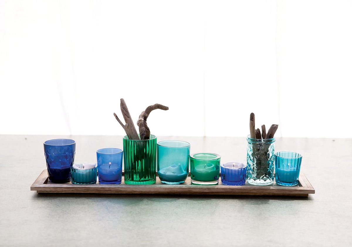 Creative Co-Op Bandeja de Madera con 9 Soportes votivos de Vidrio Azul y Verde