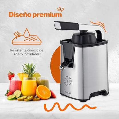 Hukën x MasterChef | Exprimidor Eléctrico de Cítricos CITRUSMAX 200W | Exprimidor de Naranjas y Limones | 2 Conos Dual-Press | Filtro Ajustable | Antiderrame | Acero Inoxidable