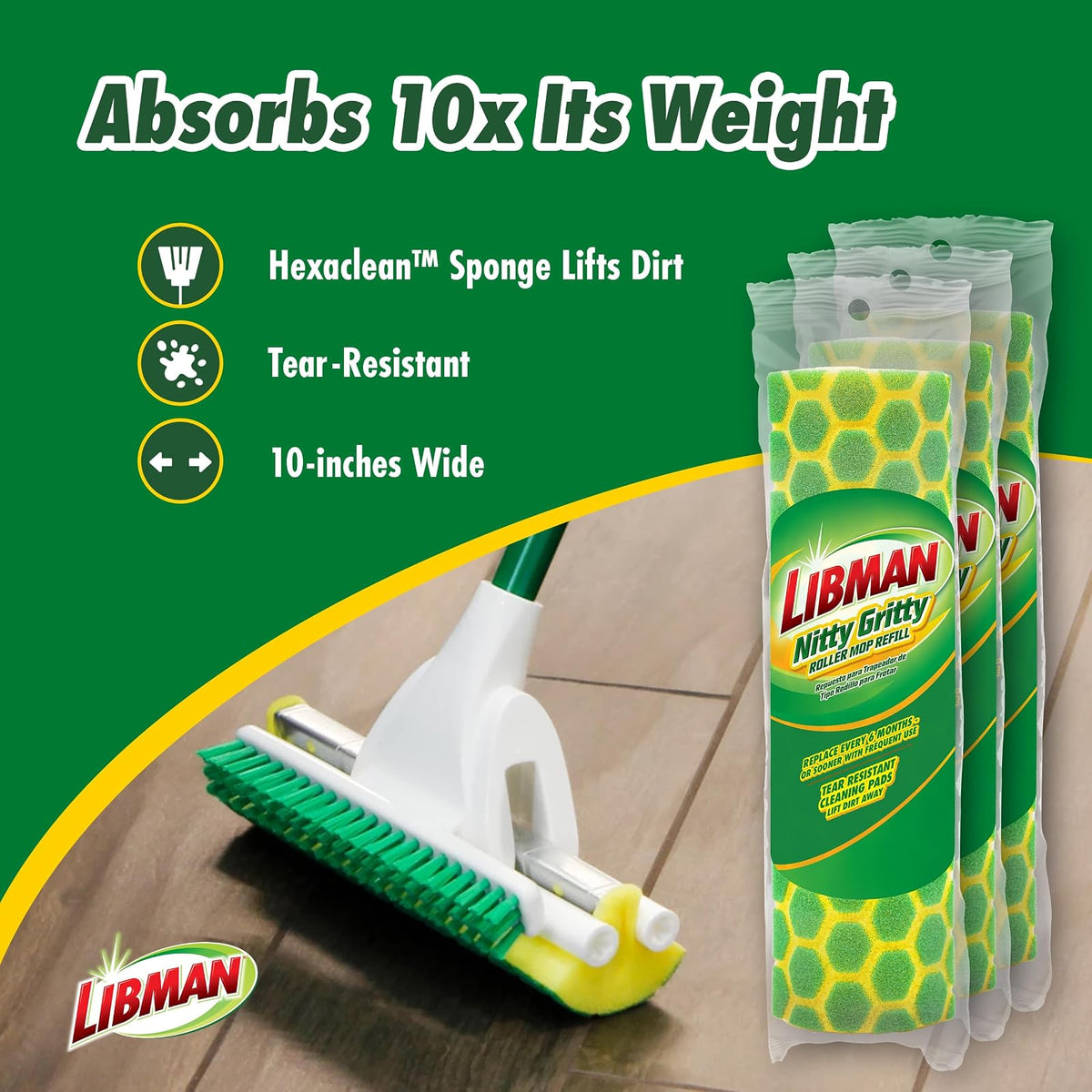 Libman Nitty Gritty - Recambios para mopa Rodillo, Verde, Amarillo, Paquete de 3