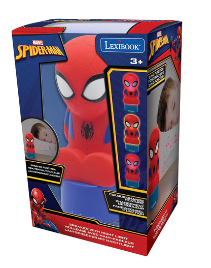 Lexibook Luz Nocturna y Altavoz de Spiderman para la habitación de los niños, Cambio de Color, luz Suave, Funciona con Pilas, Azul/Rojo, NS01SP