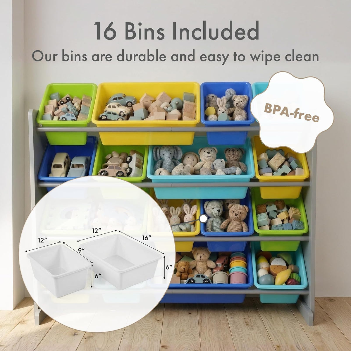 Tot Tutors WO498 Elements Collection Wood Toy Storage Organizer, X-Large, Grey/Blues