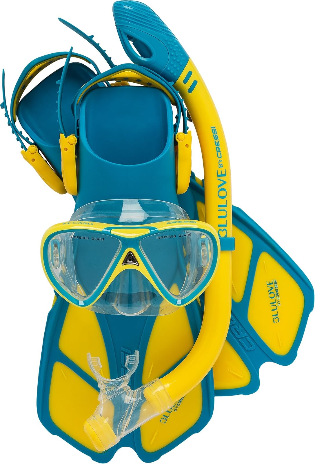 Cressi - Juego de esnórquel Juvenil para niños de 3 a 9 años, Aletas Cortas Ajustables, máscara de Silicona, esnórquel seco - Mini Bonete Pro Dry Set - S - M | US Jr 1 - 4 | EU 32 - 37 - Azul - Amarillo