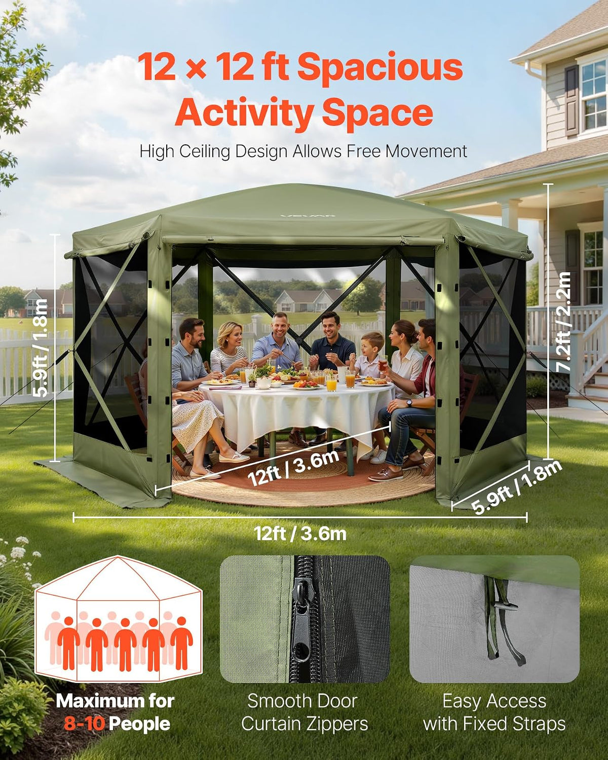 VEVOR Carpa Plegable de 6 Lados 3,6 x 3,6 m, Pérgola de Jardín con Techo Desmontable y Bolsa de Transporte, Carpa de Exterior para 8 a 10 Personas, para Fiesta, Camping, Playa, Patio, Jardín, Verde